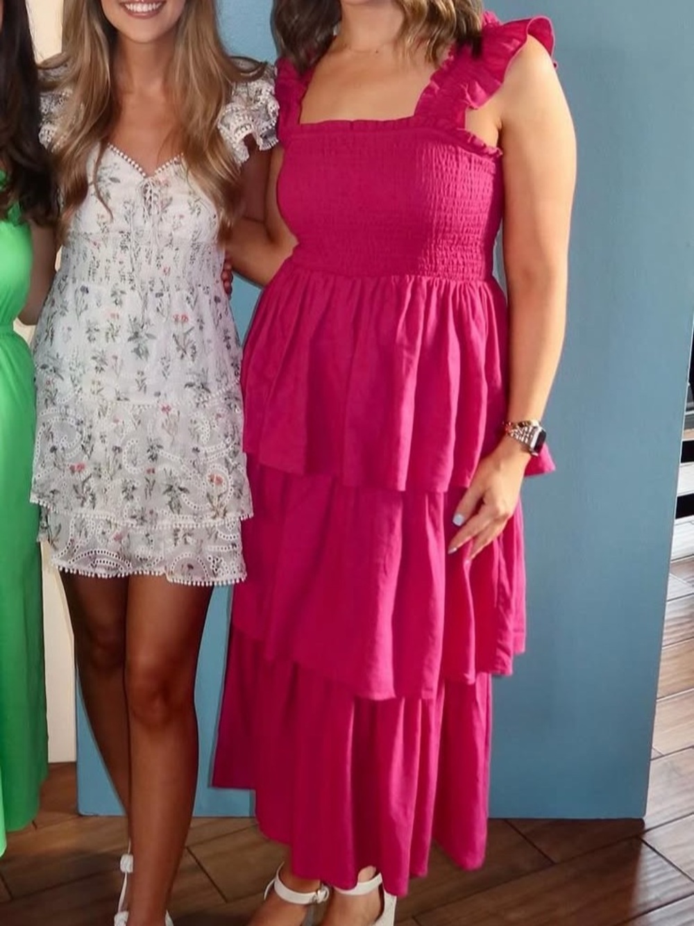 Avec Les Filles Fuchsia Ruffled Smocked Tiered Midi Dress